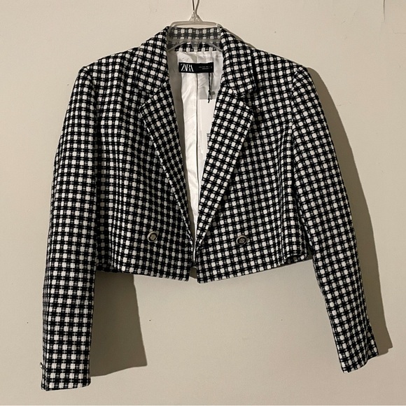 NWT Zara Textured Tweed Plaid Black White Cropped Blazer